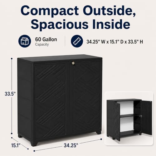 ADDOK Outdoor Storage Cabinet, 60 Gallon Waterproof Resin Patio Storage Cabinet with Double Doors, Weather-Resistant Organizer for Garden Tools/Home/Toys/Porch - Image 2