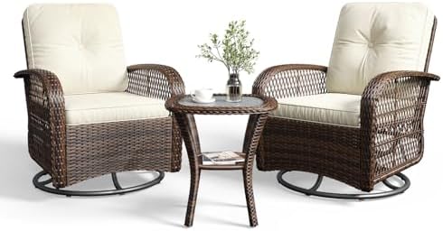 Aoxun 3 Pieces Patio Furniture Set, Patio Swivel Rocker Chairs Set of 2, Wicker Outdoor Bistro Set with Rocking Chair, Thickened Cushions and Table for Porch (Beige) by Aoxun