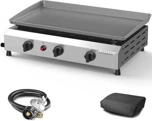 3 Burner BBQ Flat Top Grill, 25.6 Inch Stainless Steel Portable Detachable Gas Griddle, 30,000 BTU Propane Griddle for Camping by ADREAK