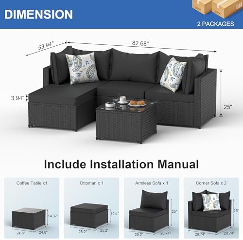Patio Furniture Set, 5PCS Outdoor Sectional w/ Ottoman & Cushion, Black - Image 5
