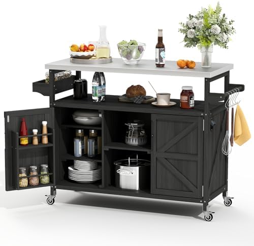 Zevemomo Outdoor Grill Cart with Storage, Lockable Casters, Black by Zevemomo