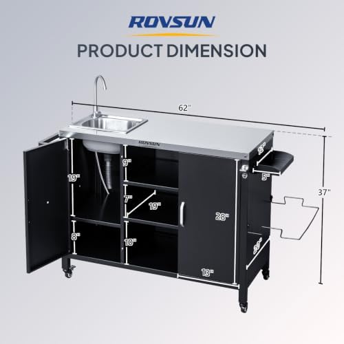 ROVSUN Outdoor Grill Cart with Sink, 304 Stainless Steel Sink, Propane Tank Storage, Rolling Kitchen Prep Table with Cabinet, Paper Rack & Rubbish Rack - Image 4