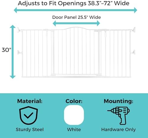 Toddleroo by North States - Deluxe Décor Universal Fit Safety Gate: Hardware Mounted Extra Wide Metal Baby Gate with Tall Baseboard Mounts, Adjustable Child Gate; 38.3" to 72" Wide; 30" Tall; White - Image 5