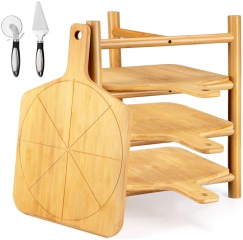 16.9x12" Pizza Peel & Cutting Board Set (7 Pcs), Bamboo Pizza Paddle with Stand, 4 Serving Trays, Includes Stainless Steel Pizza Cutter & Spatula by Unknown
