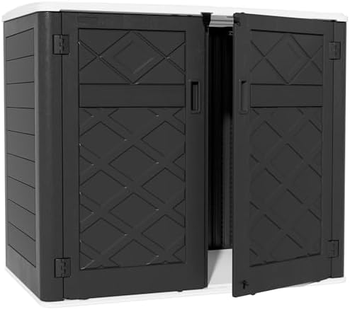 ZZM Large Outdoor Storage Shed, 48 Cu Ft Resin Versatile Storage Cabinet for Patio Accessories, Trash Cans & Garden Tools, Durable Horizontal Storage Box with Lockable Lid (Black) by ZZM