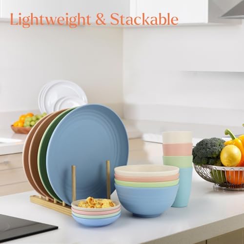 Wrova Wheat straw plates and bowls sets of 16 - Unbreakable wheat straw dinnerware sets for kids - Alternative plastic dinnerware set service for 4 - Microwave safe and Dishwasher safe bowls. Nordic - Image 4