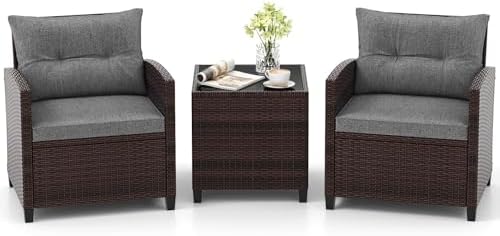 Tangkula 3 Pieces Patio Furniture Set, PE Rattan Wicker 3 Pcs Outdoor Sofa Set w/Washable Cushion and Tempered Glass Tabletop, Conversation Furniture for Garden Poolside Balcony (Grey) by TANGKULA