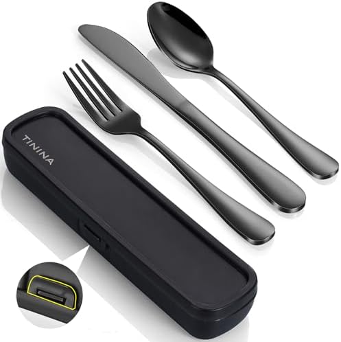 Travel Utensils with Case, 4-Piece Stainless Steel Portable Cutlery Set, Reinforced Case with Buckle Design, Lunch Box for Camping Work School, Include Fork Spoon Knife, Dishwasher Safe, Black by TININA
