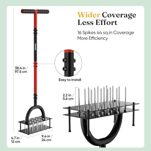 Grenebo Lawn Aerator Manual Aerator Lawn Tool with 16 Spikes, Black Red - Image 2