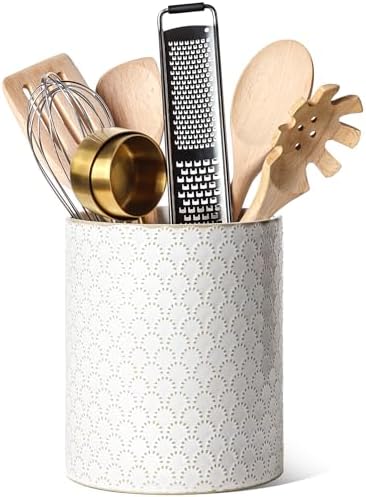 LE TAUCI Utensil Holder for Kitchen Counter - 7.1" Large Ceramic Utensil Crock, Cooking Utensil Organizer for Spatula, Spoon, Whisk - Farmhouse Kitchen Countertop Storage, Embossed, Fireworks by LETAUCI