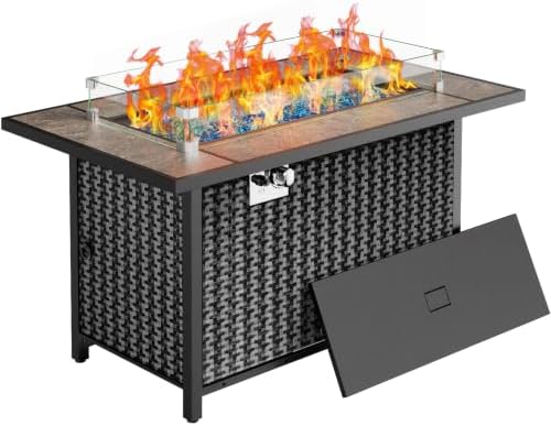 Ciays 43″ Fire Pit Table, Outdoor Propane Fire Pit Table with Premium Ceramic Tabletop, Glass Wind Guard, Lid, Glass Rock, 50,000 BTU CSA-Certified Gas Fire Pits for Outside Patio, Party, Deck by Ciays