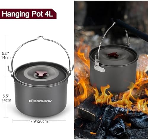 Odoland 22pcs Camping Cookware Mess Kit, Large Size Hanging Pot Pan Kettle with Base Cook Set for 4, Cups Dishes Forks Spoons Kit for Outdoor Camping Hiking Picnic - Image 3