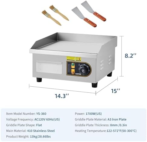 Garvee 14in Commercial Electric Griddle, 1700W Countertop Flat Top Grill, Stainless Steel Griddle Grill with 2 Shovels and 2 Brushes for Home or Restaurant, 122℉-572 ℉ Adjustable Temp - Image 2