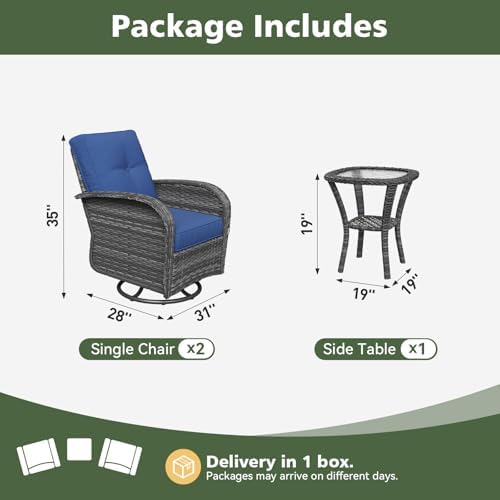 Aoxun 3 Piece Outdoor Patio Furniture Set with Side Table, Outdoor Patio Furniture Sets with High Back Swivel Rocker Chairs, Outdoor Sofa Set with Ottoman for Backyard & Garden, Navy Blue - Image 2