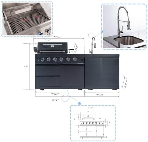 79-Inch 4-Burner 72000 BTU Propane Outdoor Kitchen Island Grill with Round Side Burner, Rotisserie Kit, Granite Countertops & Sink, for Patio, Lawn, Backyard, Black - Image 2