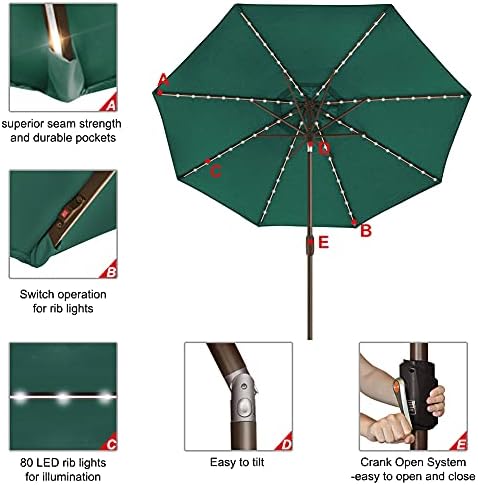 EliteShade USA 10-Year-Non-Fading 9ft Market Patio Umbrella, Commercial Grade Table Sun Umbrella with 80 Solar LED Lights, Crank Open, Windproof & UPF 50+ UV Protection for Garden, Deck, Pool, Backyard, Forest Green - Image 5