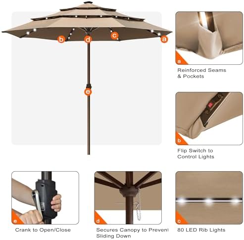 EliteShade USA 10-Year-Non-Fading 10ft 3-Tier Market Patio Umbrella, Commercial Table Umbrella with 80 Solar LED Lights, Crank Open, Windproof & UPF 50+ UV Protection for Garden, Deck, Pool, Backyard, No Tilt, Heather Beige - Image 5