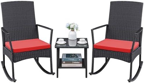 Greesum 3 Pieces Patio Furniture Set Outdoor Wicker Rocking Chairs,Red by BuynowfromGreesum