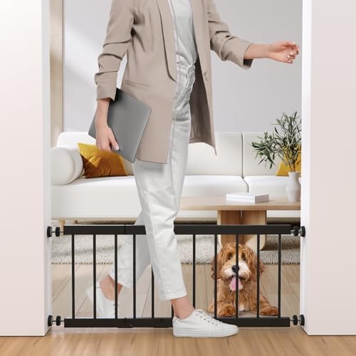 Dog Gate Indoor,18"-45" Adjustable Extra Wide Metal Short Dog Gate to Step Over, 18" Tall Small Pet Gate with 3 Extension Kits, Pressure Mounted Gate for Doorways & Stairs Black by Fldofaves