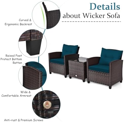 RELAX4LIFE 3 Piece Patio Furniture Set, Wicker Bistro Conversation Set w/2 Cushioned Armchairs & Glass Topped Table, Outdoor Rattan Sofa Set Patio Furniture for Porch Balcony Poolside (Peacock Blue) - Image 6