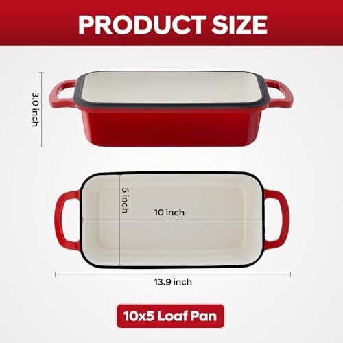 Cast Iron Loaf Pan with Lid 10x5 Inch Enameled Bread Loaf Pan for Sourdough, 2 Piece Set, Red - Image 2
