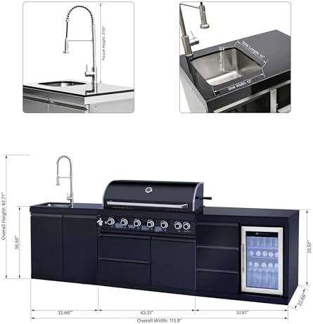 114 Inch Outdoor Kitchen Island, 6 Burner Propane Gas BBQ Grill 83500 BTU, 304 Stainless Steel Black Grill Station with Sink, Refrigerator, Rotisserie, For Patio, Lawn, Backyard, Black - Image 3