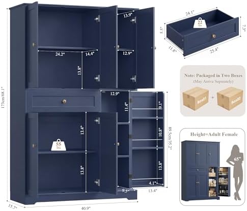 HOSTACK 68"H Kitchen Pantry Storage Cabinet with Doors & Shelves, Navy Blue - Image 3