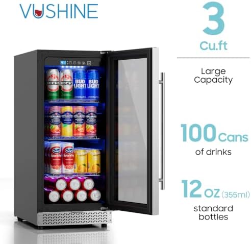 15 Inch Beverage Refrigerator, 100 Can Under Counter Beverage Fridge with Glass Door Built-in or Freestanding, Drink Fridge for Soda Beer Wine-Kitchen Bar Office - Image 2