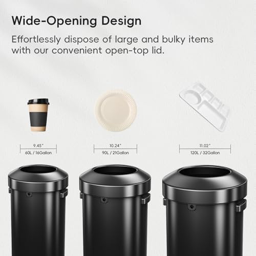 EKO Urban 32 Gallon Round Black Stainless Steel Open Top Waste Bin, Tall Commercial Trash Can for Indoor/Outdoor, Extra Large Metal Garbage Bin for Office, Restaurant, Restroom,120L - Image 6