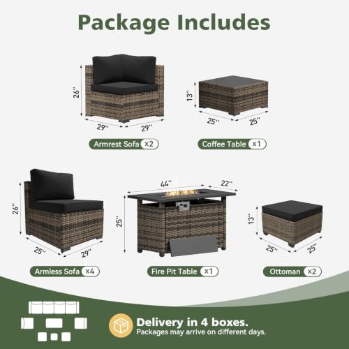 Aoxun 10 Piece Outdoor Patio Furniture Set with 44'' Fire Pit Table, Outdoor Patio Furniture Sets with Coffee Table, Wicker Rattan Outdoor Conversation Set with Ottoman for Backyard & Garden, Black - Image 2