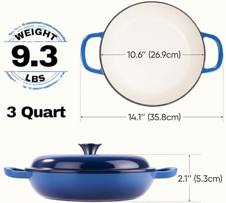 3 Quart Enameled Cast Iron Braiser, Non Stick Enameled Cast Iron Skillet with Lid, Dutch Oven Skillet with lid up to 500°F for Oven, Stove, Grill, Shallow Dutch Oven for Cook, Bake (Blue) - Image 4