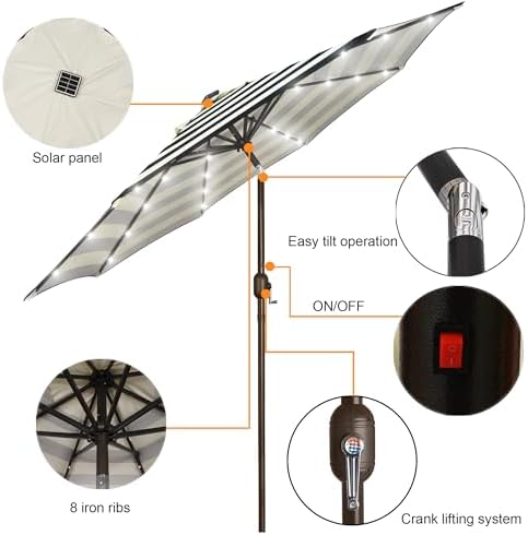 Blissun 9 ft Solar Umbrella, Patio Umbrella with 32 LED Lights, Table Market Umbrella, Outdoor Umbrella for Garden, Deck, Backyard, Black & Beige - Image 2