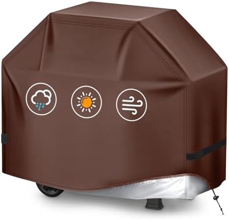 BBQ Gas Grill Cover for Outdoor, Anti-UV, Rip-Proof, 600D Oxford Fade Resistant Material, Barbecue Cover with Hook and Loop Straps & Adjustable Hem Drawstring (Reddish Brown, 60”x24”x44”) by TIAOFY