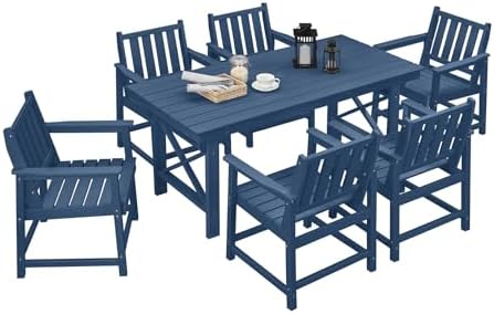 7 Pieces HDPE Outdoor Dining Set, Patio Dining Set with Umbrella Hole, All Weather Outdoor Dining Table Sets for 6, HDPE Patio Furniture Sets for Deck, Backyard, Lawn, and Poolside, Navy by SeeHill