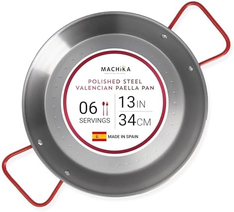 Machika 13 inch Carbon Steel Paella Pan, 34cm Polished Steel Large Skillet From Spain, Great for Paella Parties Indoors, Outdoors, Camping & More, Imported Spanish Paellera, Made by Garcima by MachikaEveryoneIsInvited