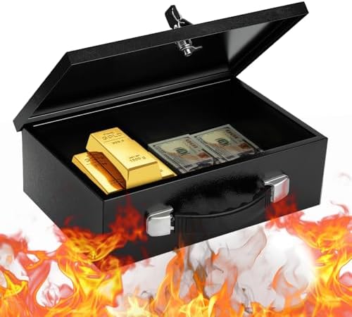 Fireproof Document Box with Key Lock – Fire Resistant Safe Box for Home, Portable Lock Box for Personal Items, Passport, Cash, Tablet, 12.8" x 8.5" x 4.13" Black L by Crinwaki