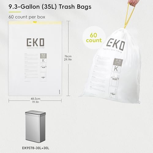 EKO 9.3 Gallon / 30–35 Liter Drawstring Trash Bags, 60 Count Heavy-Duty Tall Kitchen Garbage Can Liners, Extra-Strong Leak-Resistant, Unscented, White, Code K - Image 7