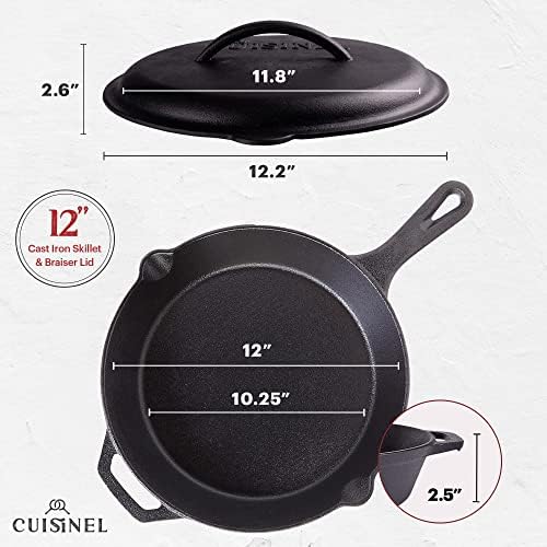 Cuisinel Cast Iron Skillet with Lid - 12"-inch Pre-Seasoned Covered Frying Pan Set + Silicone Handle & Lid Holders + Scraper/Cleaner - Indoor/Outdoor, Oven, Stovetop, Camping Fire, Grill Safe Cookware - Image 2