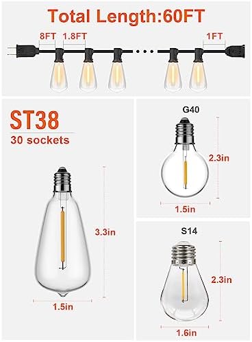 GPATIO Outdoor String Lights, 60FT Waterproof Patio Lights with 32 Hanging Globe ST38 Bulbs, 2700k Shatterproof for Backyard Gazebo Porch Garden Commerical Outside Decor - Image 2