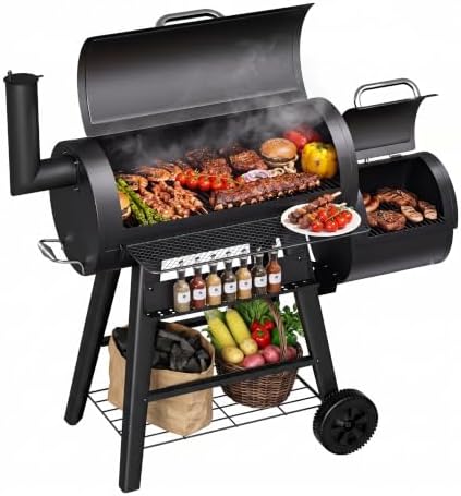 KingChii 547 SQ.IN. Charcoal Grill and Smoker Combo, Offset Charcoal Wood Smoker Grill for Outdoor Patio BBQ Grilling, Black by KingChii