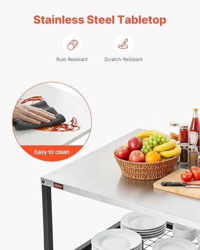 VEVOR Outdoor Grill Cart, 31.5 x 24.0 inch Stainless Steel Tabletop Size Grilling Table, Outdoor Cooking Table with 4 Wheels & Side Handle, Two Mesh Shelves, BBQ Prep Tables for Patio, Garden - Image 6