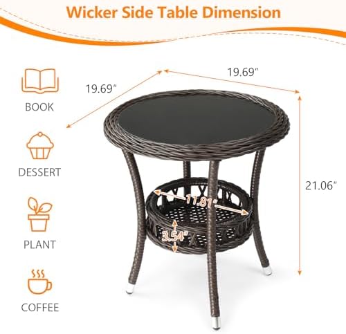 VINGLI Outdoor Wicker Side Table, Patio Side Tables for Outside Tempered Glass Top Wicker Table with Storage End Table for Balcony Porch Deck (Dark Brown) - Image 3