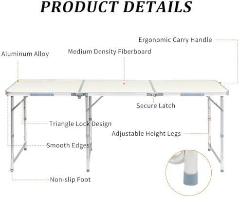 6.0 Ft Folding Portable Camping Table, White - Image 4