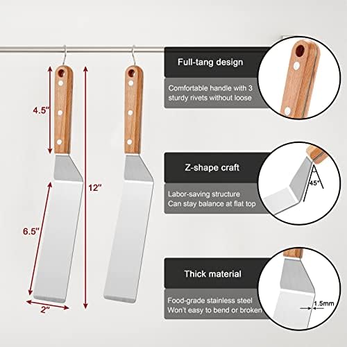 Metal Spatula Set of 2, HaSteeL 12In Long Stainless Steel Griddle Spatula, Heavy Duty Narrow Pancake Flipper Burger Turner for Teppanyaki Flat Top Hibachi Indoor Outdoor, Wooden Handle & Easy to Clean - Image 2