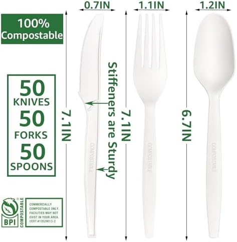 MISISIPI 150-Count Compostable Utensils Set - Heavy Duty BPI Certified, Plastic-Free Disposable Forks, Spoons, Knives for BBQ, Camping, Events, Plant-Based Cutlery - Image 3