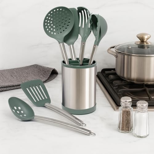 Glad Kitchen Utensils Set, 8pcs - Nonstick Cooking Tools with Stainless Steel Handles & Rotating Utensil Holder - Turners, Ladle, Spoon, Tongs, Spaghetti Server, and Skimmer - Dishwasher Safe, Green - Image 2