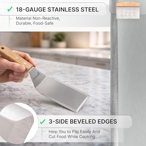 Anmarko Professional Griddle Spatula Set - Stainless Steel Metal Spatula and Griddle Scraper - Heavy Duty Commercial Grade - Image 2