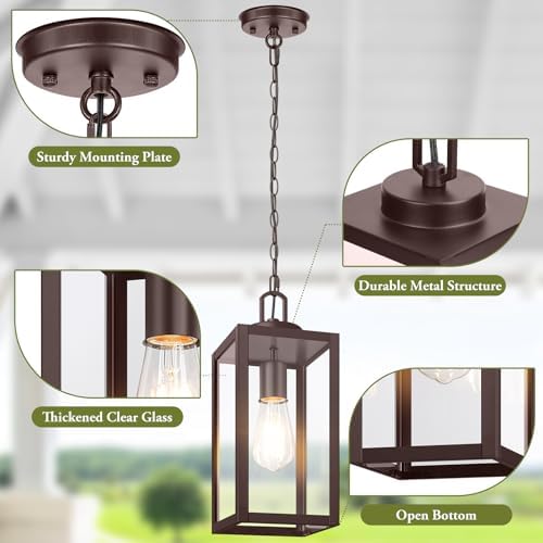 BesLowe Outdoor Pendant Light, Modern Hanging Lantern for Porch, Brown - Image 7