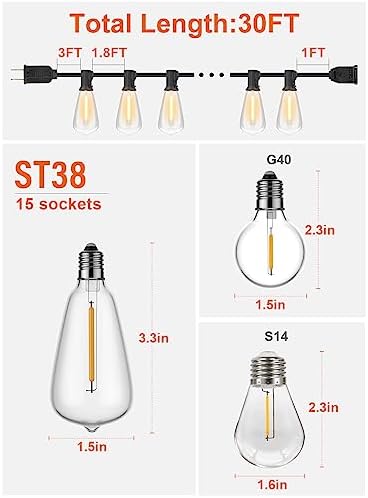 GPATIO 30ft Waterproof Patio Lights with 16 Dimmable Hanging Lights Globe ST38 Bulbs, 2700k Shatterproof Connectable for Backyard Gazebo Porch Garden Commercial Outside Decor - Image 2