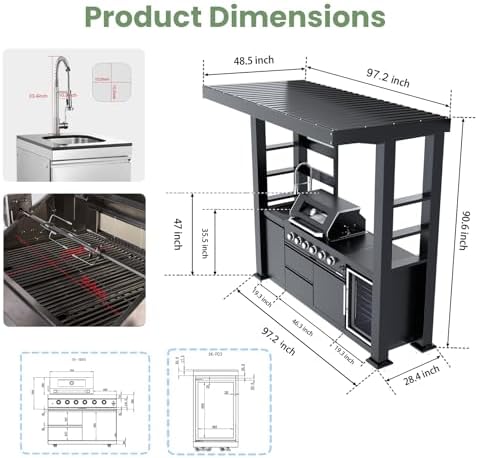 97" Stainless Steel Outdoor Kitchen Island with 4-Burner 72000 BTU,Gas Grill with Side Burner,Rotisserie Oven,Beverage Fridge,Galvanized Steel Roof,Granite Countertops,Sink.(Natural Gas) - Image 2